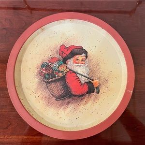 3 vintage tin trays.  2 Christmas themed 13” and one Arkansas apple blossom tray